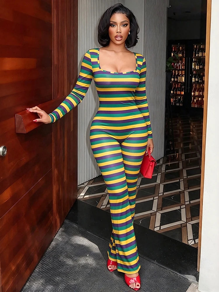 Nibber Chic Collar Full Jumpsuits Women's Autumn Trend Square Sleeve Stripe Patchwork Skinny Stretch High Street Style Overalls