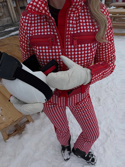 Thicken Print Cotton Jumpsuits Women High Neck Long Sleeves Zipper Belts Warm Skiwears Female 2026 Winter New Chic Ski Jumpsuit
