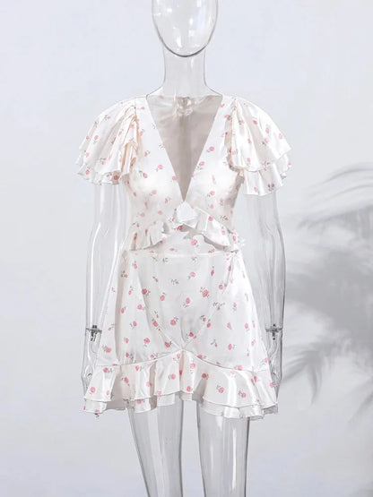 2026 Spring Women's Summer New Ruffled Floral Short Skirt V-neck Pleated Dress Shorts