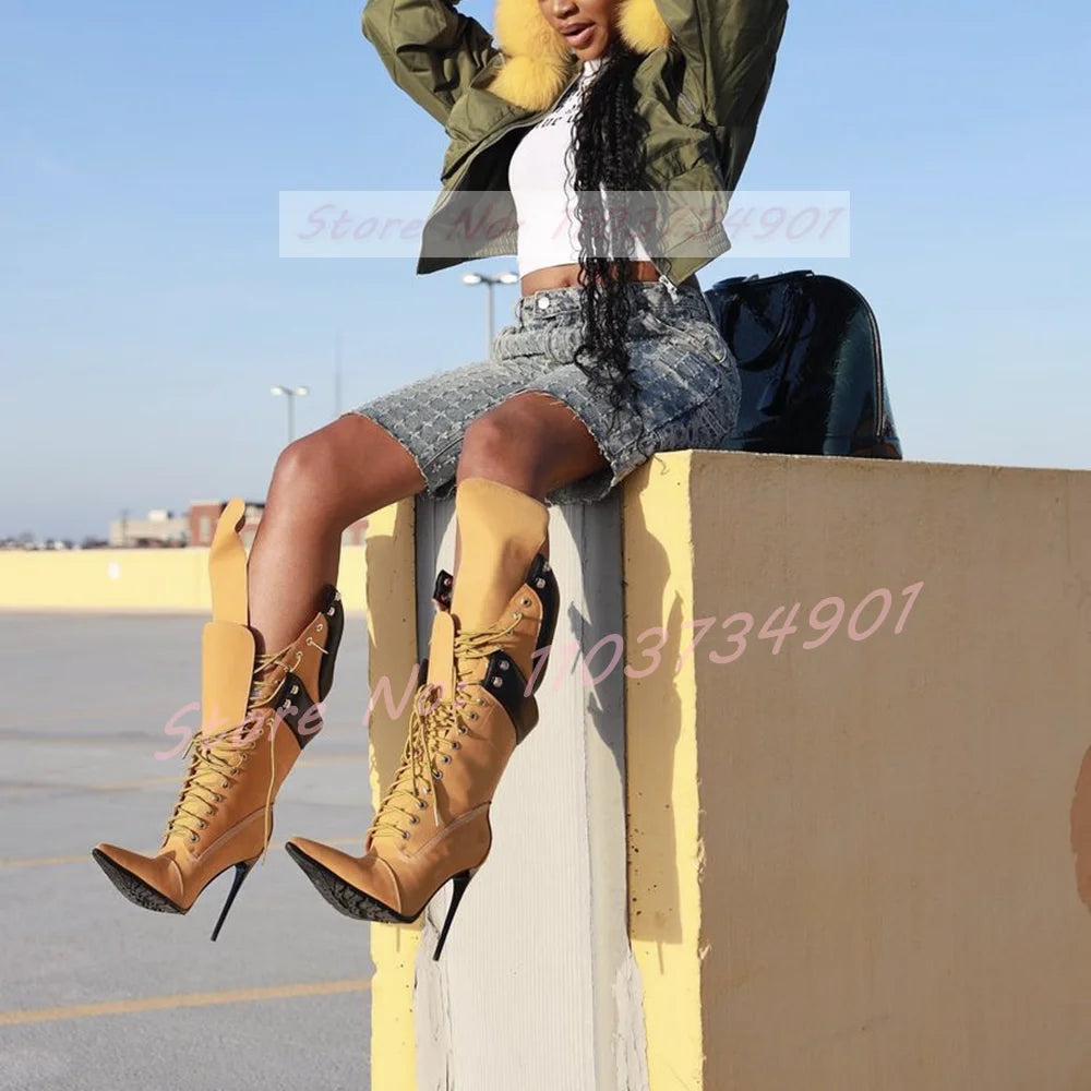 Yellow Lace-Up Knee High Stiletto Boots Women Multi-Strap Pointed Toe Fold Over High Heels Boots Female Party Street Style