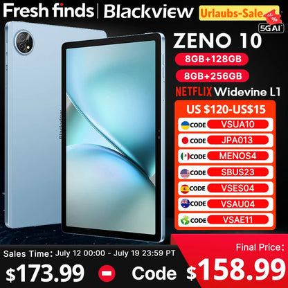 Blackview Zeno 10 5G AI Tablet 11-inch FHD+ 90Hz Display Widevine L1 UNISOC Tiger T8200 8800mAh Quad Speakers Android 15 Pad PC