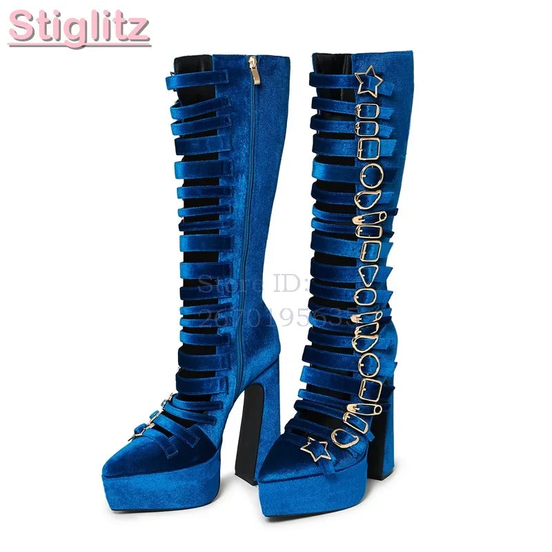 Blue Velvet Irregular Buckle Knee-high Boots Pointed  Toe Side Zipper Chunky High Heels Boots 2026 Summer New Women Punk Shoes