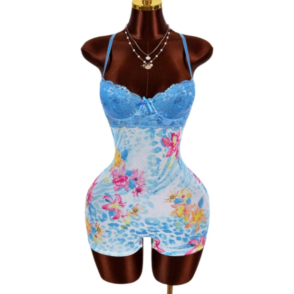 HLJ&GG Vintage Flowers Print Mesh Spaghetti Strap Bodycon One Piece Rompers Women V Neck Sleeveless Jumpsuits Fashion Overalls