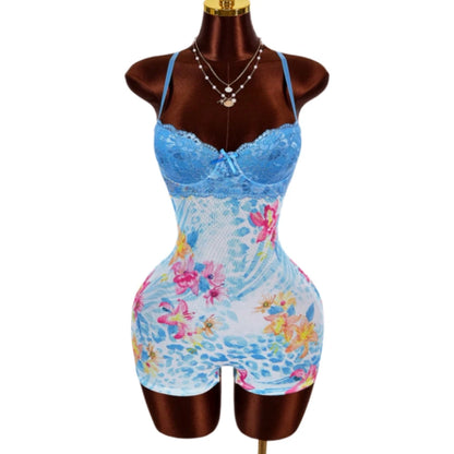 HLJ&GG Vintage Flowers Print Mesh Spaghetti Strap Bodycon One Piece Rompers Women V Neck Sleeveless Jumpsuits Fashion Overalls