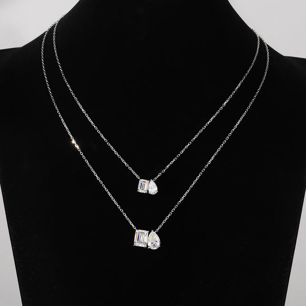 925 Sterling Silver Two Stone Toi Et Moi Necklace 2/5cttw Radiant Emerald Pear Cut Moissanite Pendant Necklace Fine Jewelry Gift