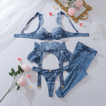 Sexy Blue Eyelash Lace Lingerie Set 4Pcs Satin Bra Peplum Ruffle Garter Belt with Rosebud Panties Stockings Women Nightwear