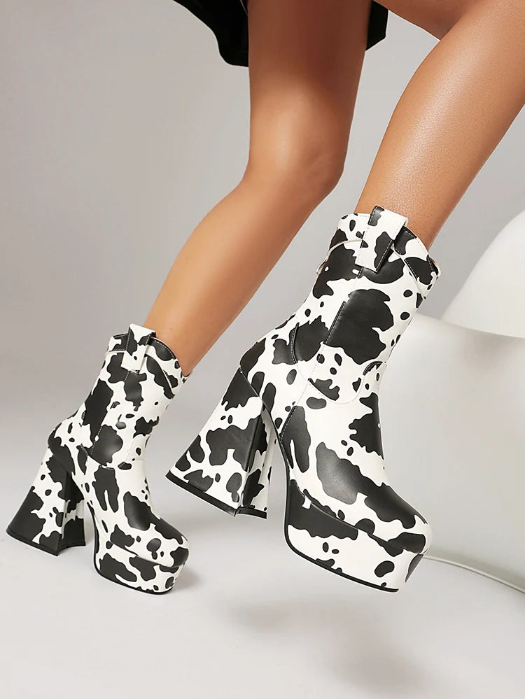 Microfiber Cow Pattern Slip On Short Boots Ultra-High Shaped Tapered Thick Heel Platform Denim Material Ankle Boots