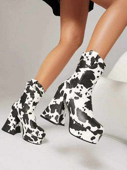 Microfiber Cow Pattern Slip On Short Boots Ultra-High Shaped Tapered Thick Heel Platform Denim Material Ankle Boots