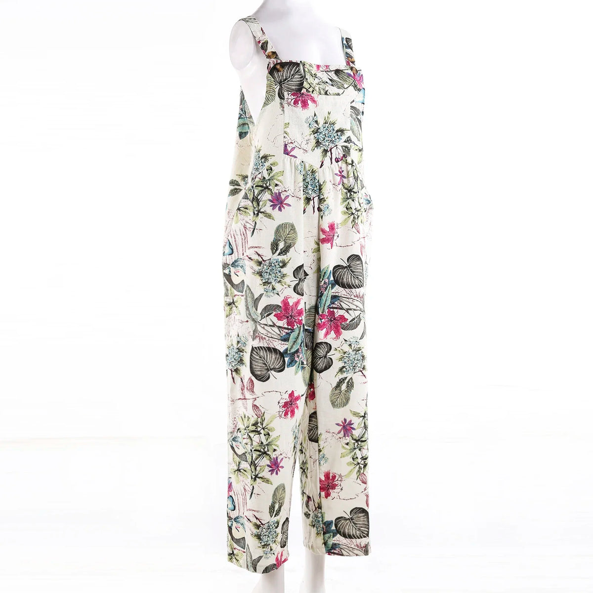 Women Plus Sizes Jumpsuit Leaf Floral Print Square Neck Sleeveless Fashion Casual Overalls with Pockets
