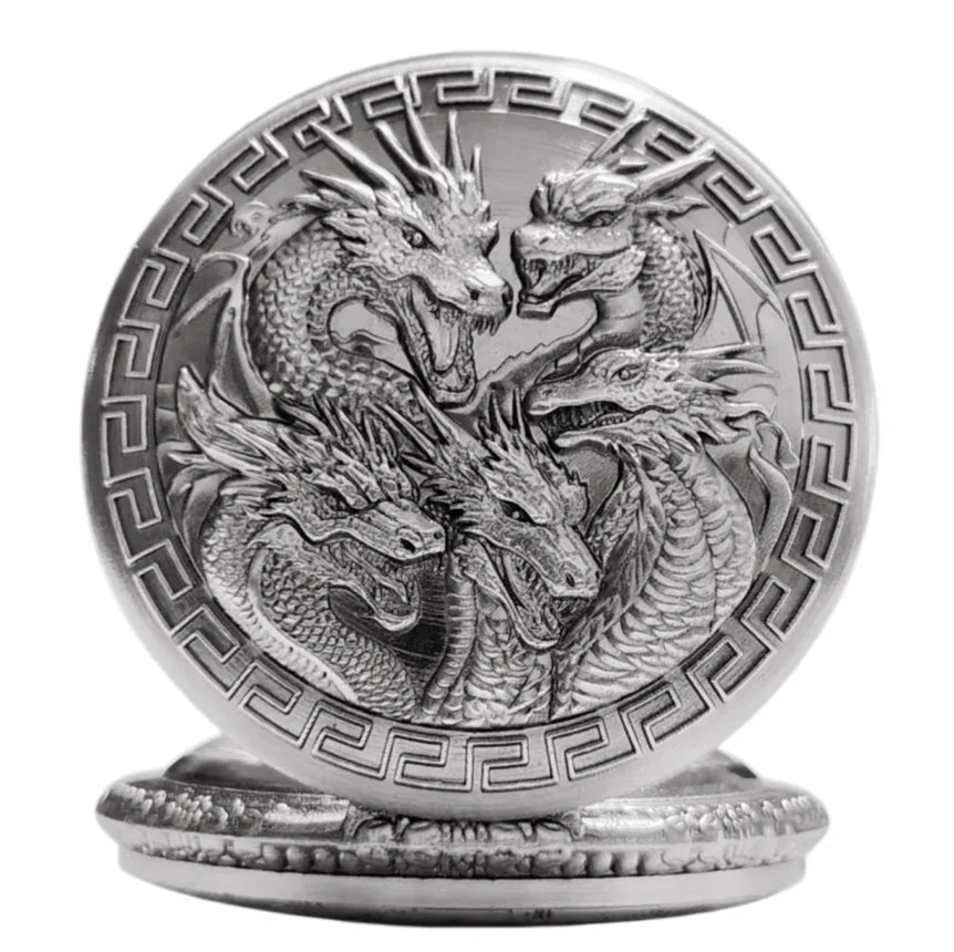 Vintage Steampunk Handsome Dragon Group Carved Quartz Pocket Watch Necklace Pendant Clock Chain Men's and Women's Gifts