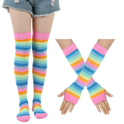 Women Fancy Rainbow Stripes Over Knee Long Socks Elbow Gloves Set Halloween Cosplay Costume Knitted Stretchhy Thigh High