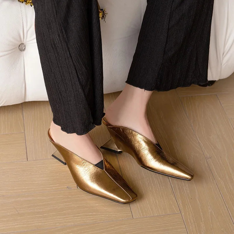 Luxury Gold Silver Leather Women's Mules Strange High Heels Wedge Women's Slippers Elegant Evening Dress Shoes Heels for Ladies