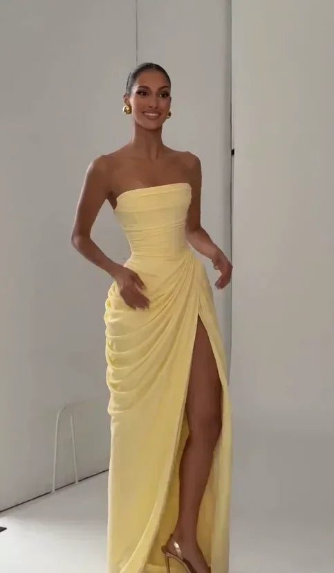 Solid Pleated Strapless Women's Dress Backless Off-shoulder High Waist Split Female Dresses 2026 Sexy Summer Evening Party Gown