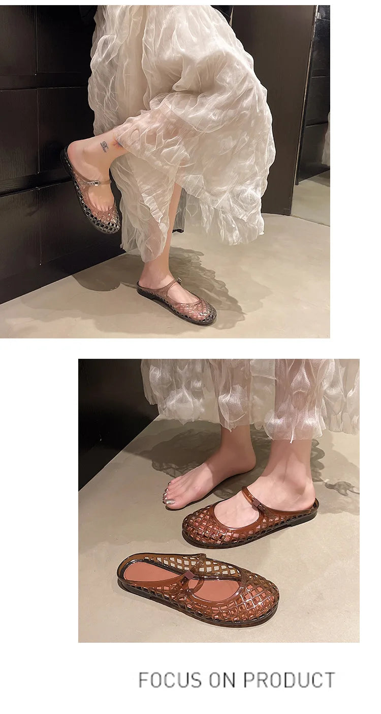 Women's Light Luxury Crystal Jelly Mary Jane Flat Sandals Hollow-out Breathable Closed Toe Summer Casual Non-slip Slip-on Shoes