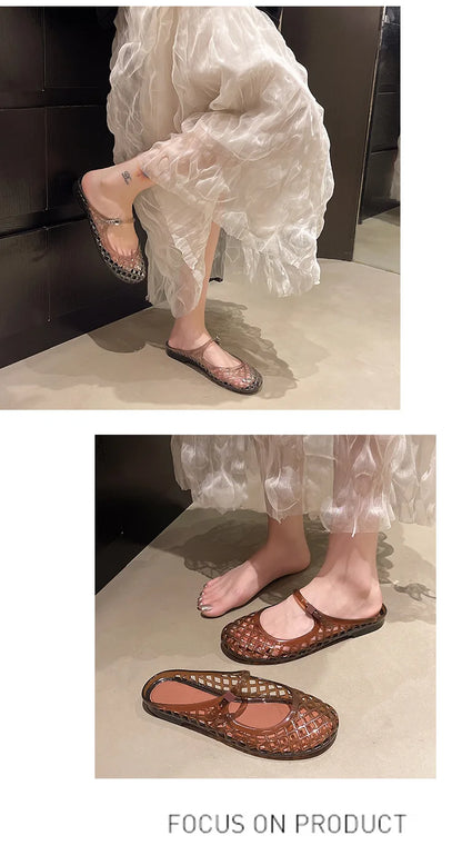 Women's Light Luxury Crystal Jelly Mary Jane Flat Sandals Hollow-out Breathable Closed Toe Summer Casual Non-slip Slip-on Shoes
