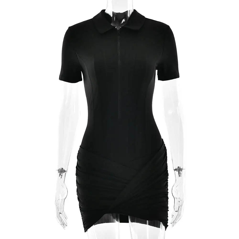 Sibybo Polo Collar Zipper Women Jumpsuits Set Short Sleeve High Elastic Rompers Ruched Bodycon Skirt Spring Casual Matching Sets