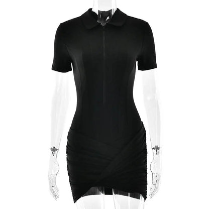 Sibybo Polo Collar Zipper Women Jumpsuits Set Short Sleeve High Elastic Rompers Ruched Bodycon Skirt Spring Casual Matching Sets
