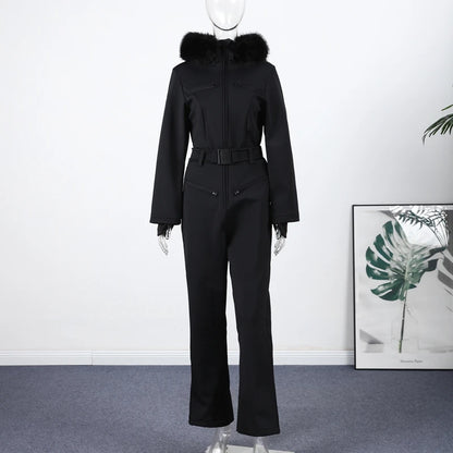 Fashion Hooded One-Piece Ski Jumpsuit Women Stand Collar Zipper High Waist Solid Windproof Outwear 2026 Winter Lady Skiwears New
