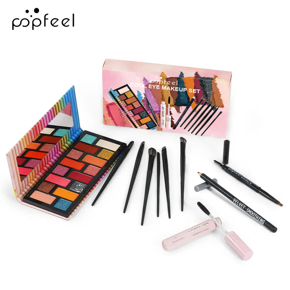 Essential Eye Makeup Set for Beginners Matte&Shimmer Eyeshadow Palette, Mascara, Eyebrow Pencil, Lip Eyeliner,Brush Tool Set Box