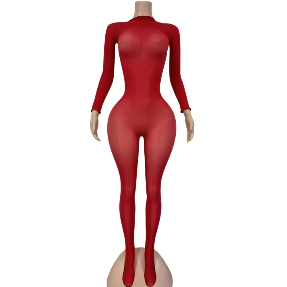 HLJ&GG Sexy Mesh See Through Bodycon Jumpsuits And Bodysuits Suits Women Long Sleeve Stretchy Playsuits Party Night Club Overall