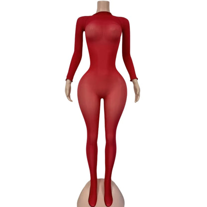 HLJ&GG Sexy Mesh See Through Bodycon Jumpsuits And Bodysuits Suits Women Long Sleeve Stretchy Playsuits Party Night Club Overall