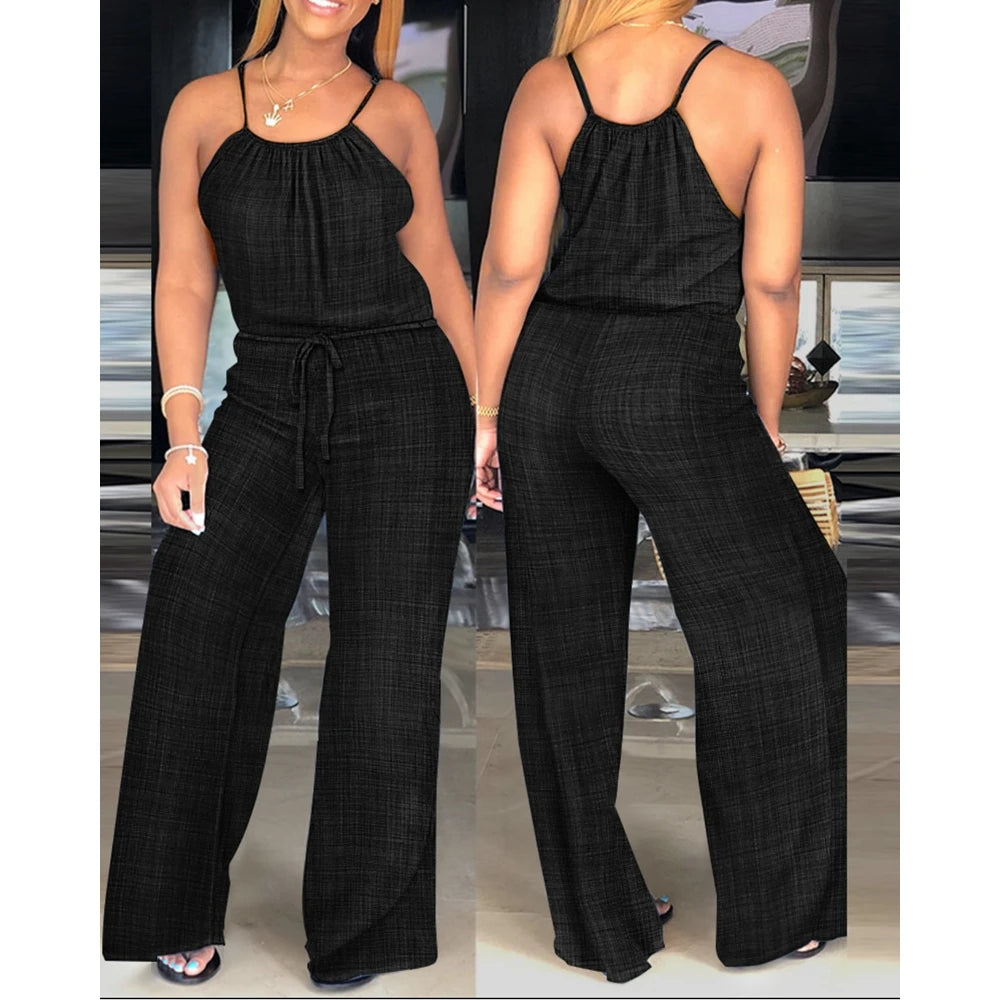 Women's Casual Solid Color Wide Leg Straight Overalls Summer Sleeveless Spaghetti Strap Drawstring Waist Jumpsuits