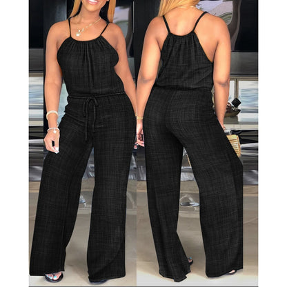 Women's Casual Solid Color Wide Leg Straight Overalls Summer Sleeveless Spaghetti Strap Drawstring Waist Jumpsuits