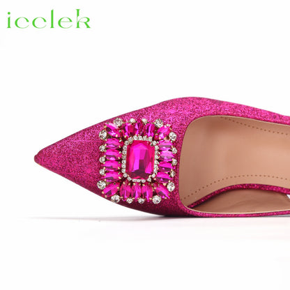 Women High Heels Sandals Shinning Material with Rhinestone Italian Design T.Blue Color Pointed Toe Shoes and Bags Set