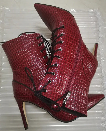 Sexy Ankle Cowboy Boots For Women Dance Shoes Fashion Snake Red White Black High Heels Lace Up Short Boot Autumn Large Size