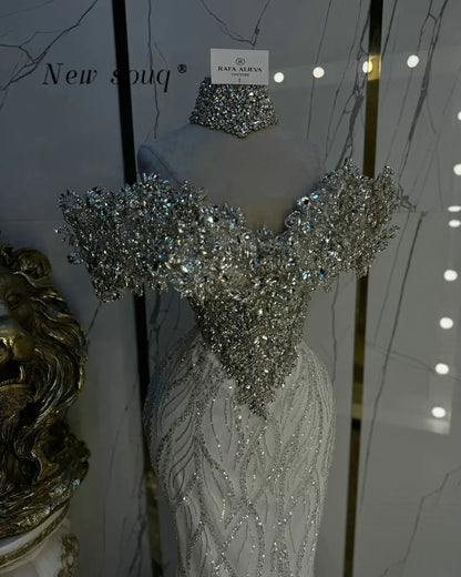 Shimmering Silver Crystals Off Shoulder Mermaid Evening Dresses Customized Long Formal Party Gowns for Women Dubai Vestidos