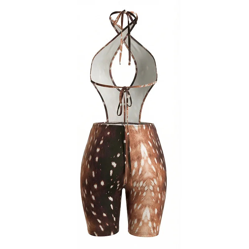 FAGADOER Deer Print Sexy Hollow Out Romper Hot Girl Bandage Halter Shorts Backless Bodycon Jumpsuits New Trendy Streetwear