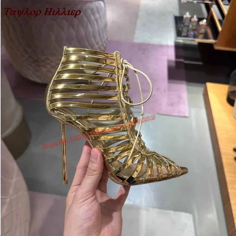 Black Hollow Lace-Up Sandals Pointed Toe Stiletto Back Zipper Breathable High Heel Women'S Boots Fashion Party Modern Boots 43