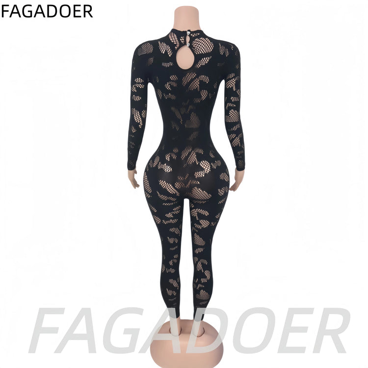 FAGADOER Sexy Lace See Through Patchwork Bodycon Jumpsuits for Woman Hollow-out Long Sleeves Rompers Female Streetwear Overalls