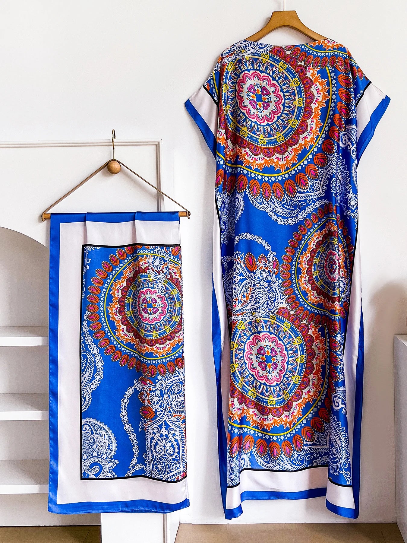 Dubai Mandala Paisley Print Abaya With Matching Scarf, Boat Neck Batwing Sleeve Loose Maxi Kaftan For African Muslim Women