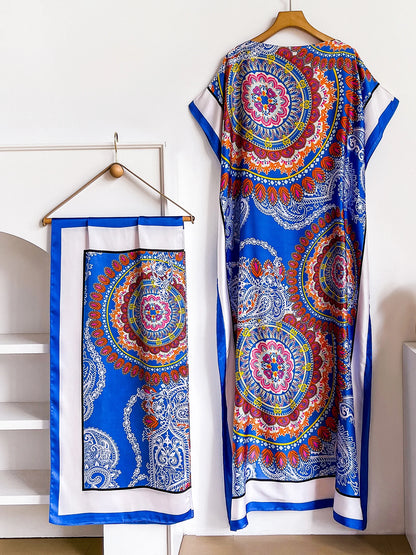 Dubai Mandala Paisley Print Abaya With Matching Scarf, Boat Neck Batwing Sleeve Loose Maxi Kaftan For African Muslim Women