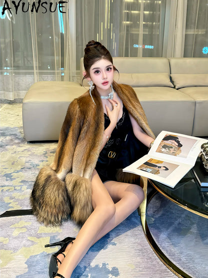 AYUNSUE Natural Mink Fur Coat Women Qinggen Whole Mink Womens Coats Winter Jacket Fashion V-neck New in Outerwears Abrigos Mujer