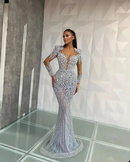 Customized Gorgeous Mermaid Prom Dresses Long Sleeves Illusion Shining Sequins Beads Pleats Court Gown Plus Size Party Dress