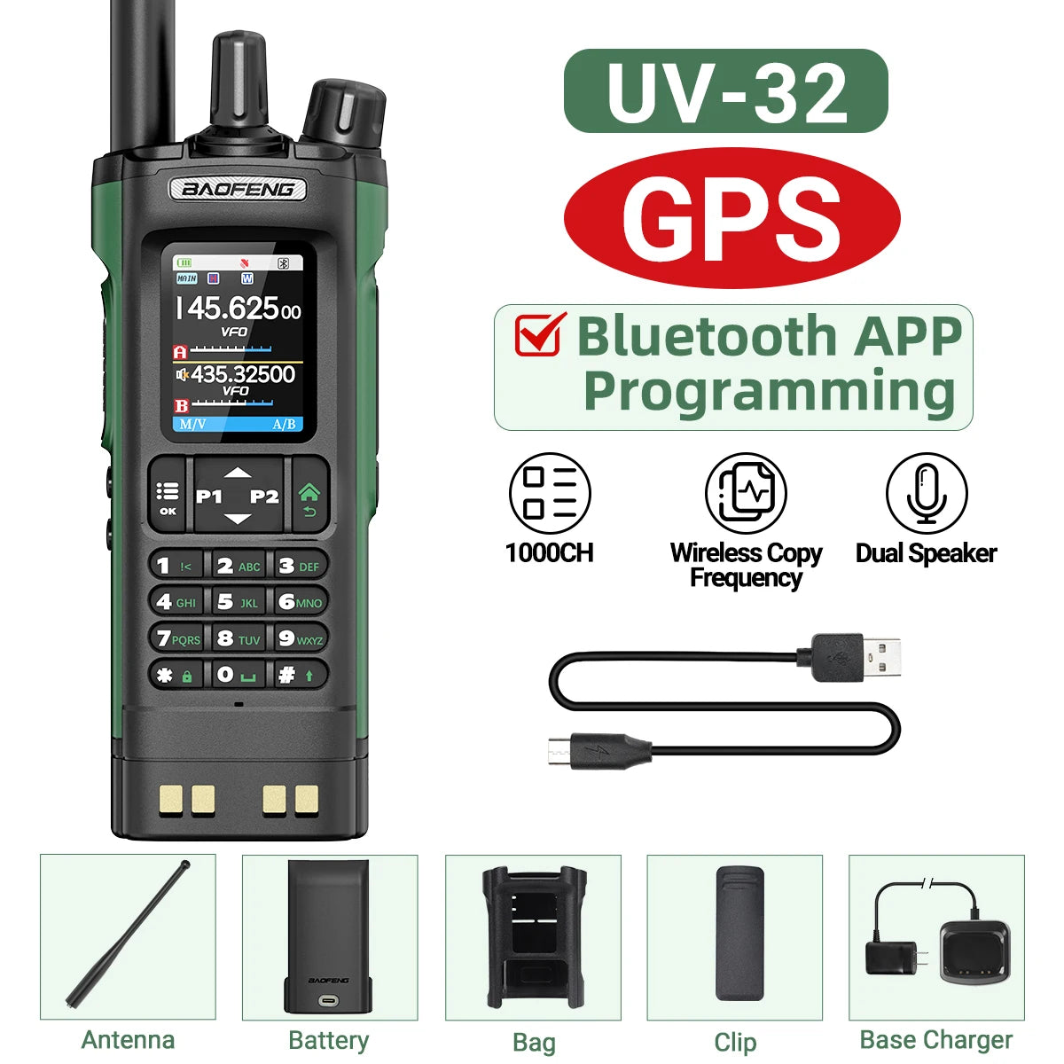 BAOFENG UV-32 Walkie Talkie GPS Multi Band 10W Bluetooth Wireless Programming Copy Frequency 1000CH Long Range Ham Two Way Radio