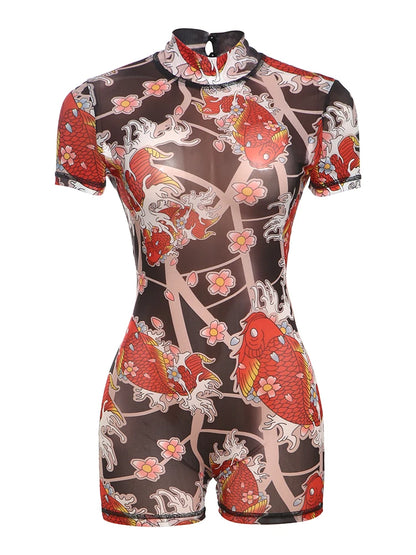 Weird Puss Backless Playsuit Women See Through Shorts Sleeve Peach Buttocks Summer Trend Aesthetic Print Midnight Club Romper