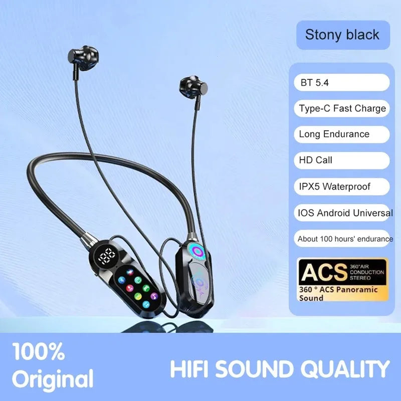 HD Screen Bluetooth 5.4 Headphones Neckband Earphones TWS Wireless Headsets HiFi Stereo Waterproof Earbuds Support TF Card