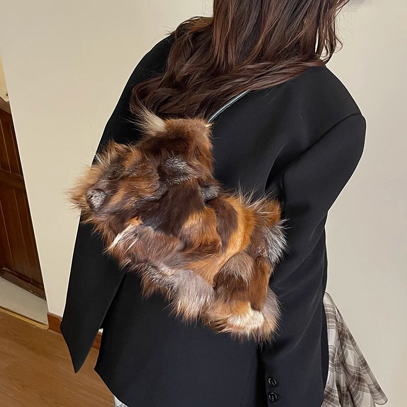 Winter Warm Fox Fur Shoulder Hobo Bags For Women Latest Luxury Designer Purses And Handbags Elegant Evening Bag For Dinner Party