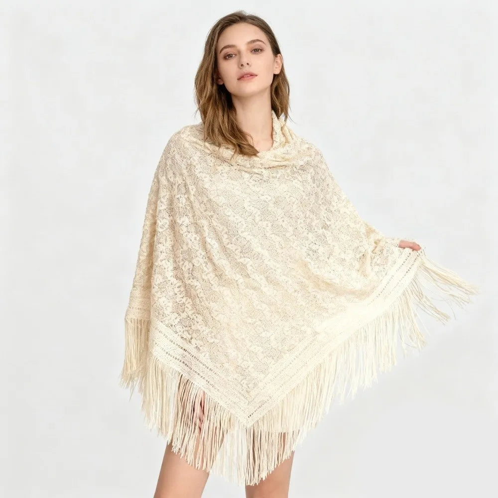 Versatile 140×140cm Lace Shawl Elegant Hollowed-out Design Knitted Shawl Breathable Tassel Shawl for Women