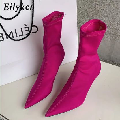 2026 New Spring Autumn Stretch Fabric Women Ankle Boots Sexy Pointed Toe High Heels Fashion Female Socks Pumps Shoes