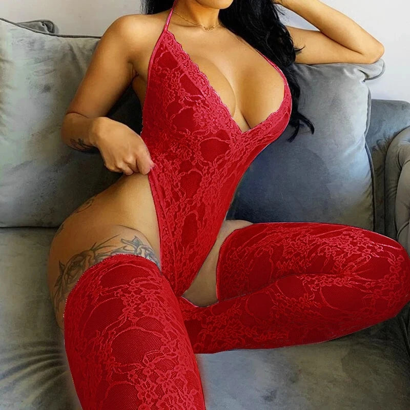 Hot Sexy Lace Solid Color Mesh Jumpsuit Sleeveless Backless Sling Deep V Neck Transparent Rompers For Women Trendy Overalls 2024