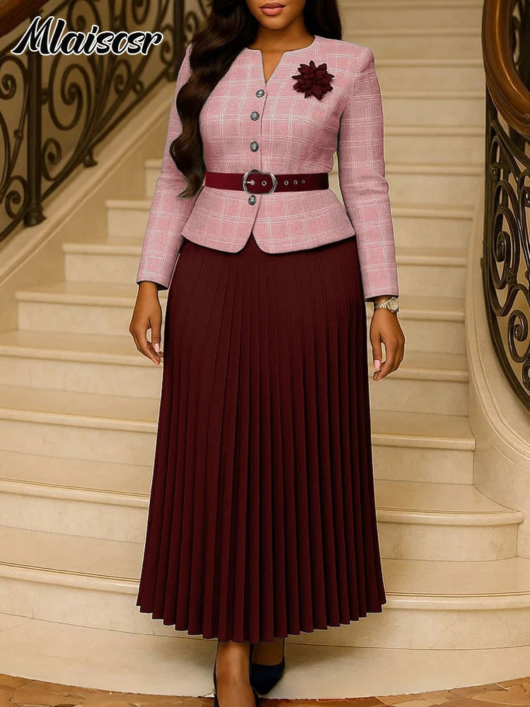 Mlaiscsr Fashion Plaid Blazer Suits for Woman Button 3D Floral Brooch Belt and Pleated Skirt 2 Piece Set Female Office Outfits