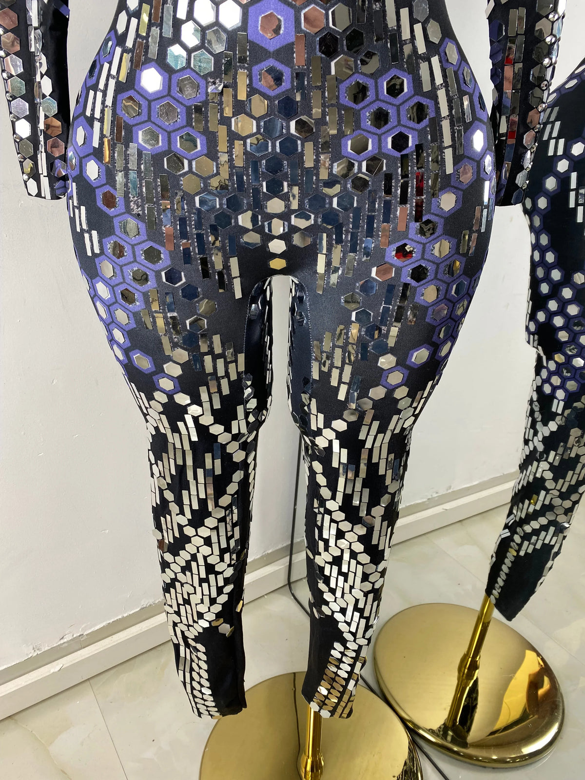 Women Sexy Spandex Tight Jumpsuit Long Sleeve Mirrors Cosplay Costume Nightclub Dancer Outfit Performance Stage Wear