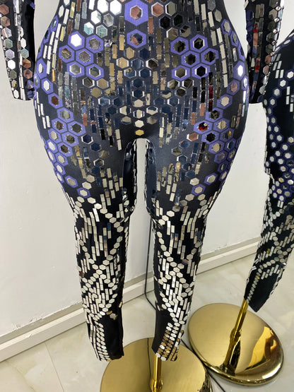 Women Sexy Spandex Tight Jumpsuit Long Sleeve Mirrors Cosplay Costume Nightclub Dancer Outfit Performance Stage Wear