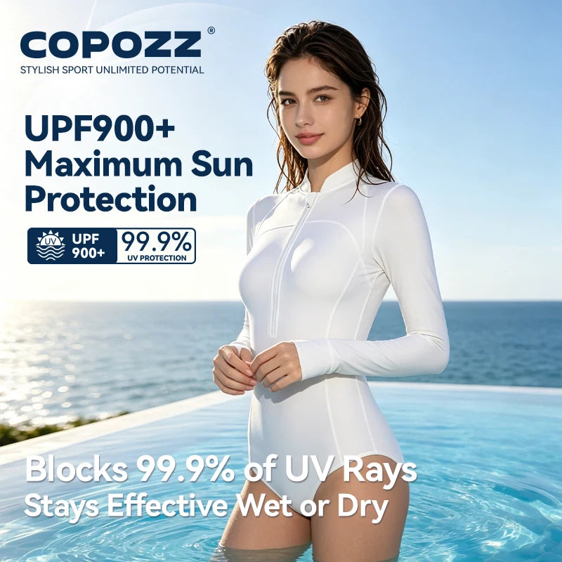COPOZZ High Neck Swimsuit Women UPF50 Long Sleeve One Piece Rash Guard Swimming Bath Suit Beach Swimwear Female Surfing Bodysuit