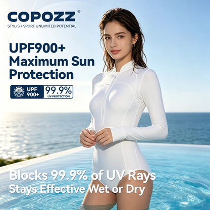 COPOZZ High Neck Swimsuit Women UPF50 Long Sleeve One Piece Rash Guard Swimming Bath Suit Beach Swimwear Female Surfing Bodysuit