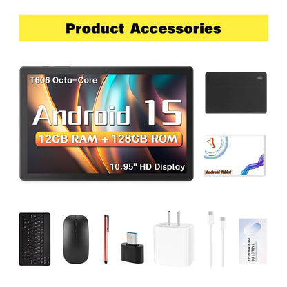 Android 15 10.95inch Tablet PC with High Capacity 8000mAh Battery, 12GB RAM +128GB ROM, 512GB Expand, Octa-core, GMS Certified